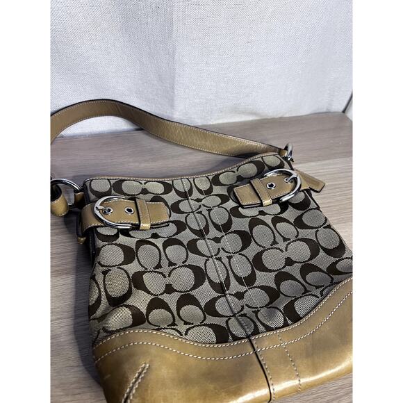 Coach Signature C Beige Tan Leather Logo Canvas Shoulder Bag Purse - Picture 2 of 11